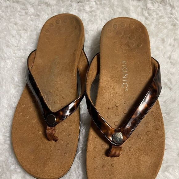Vionic Brown Tortoise  print leather patent thong sandals size 10 - Picture 6 of 8